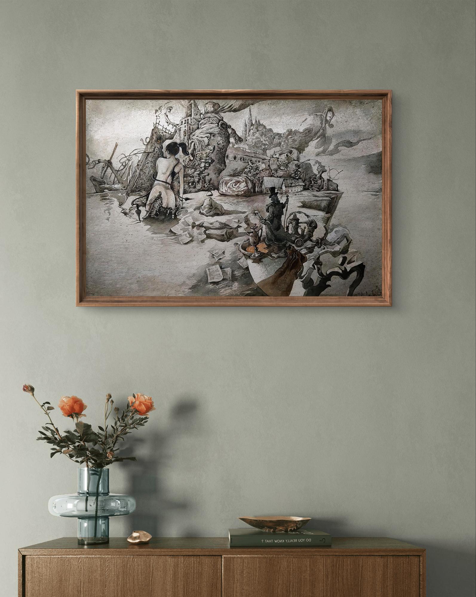 Framed black-and-white surreal artwork by Yuriy Laptev, Musics Caprice