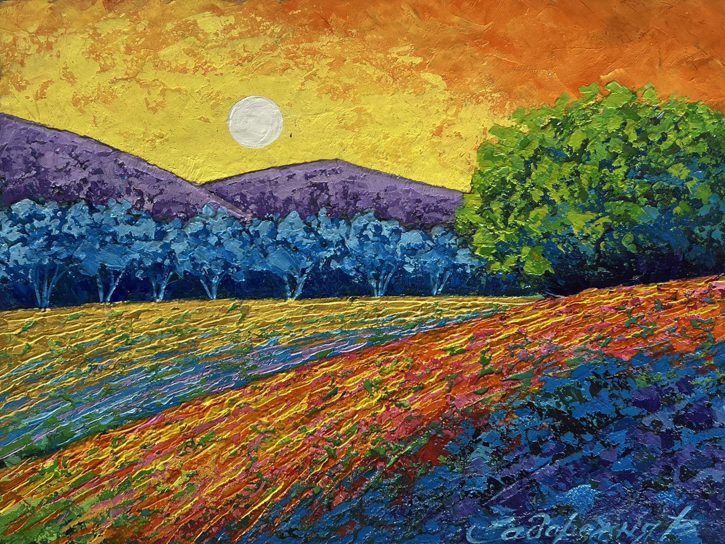Oil painting Quiet evening in blue shadows by V. Zadorozhnya vibrant landscape