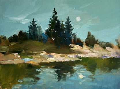 Serene oil painting of forest reflection in river by Yuriy Suprunchuk