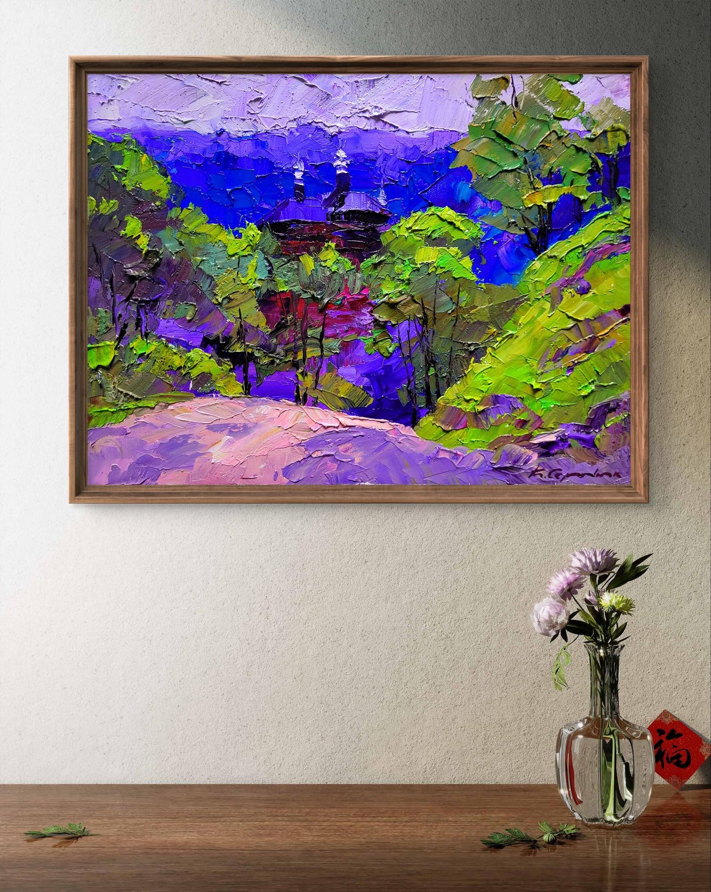 Oil painting of mountain motif by Boris Serdyuk in wood frame
