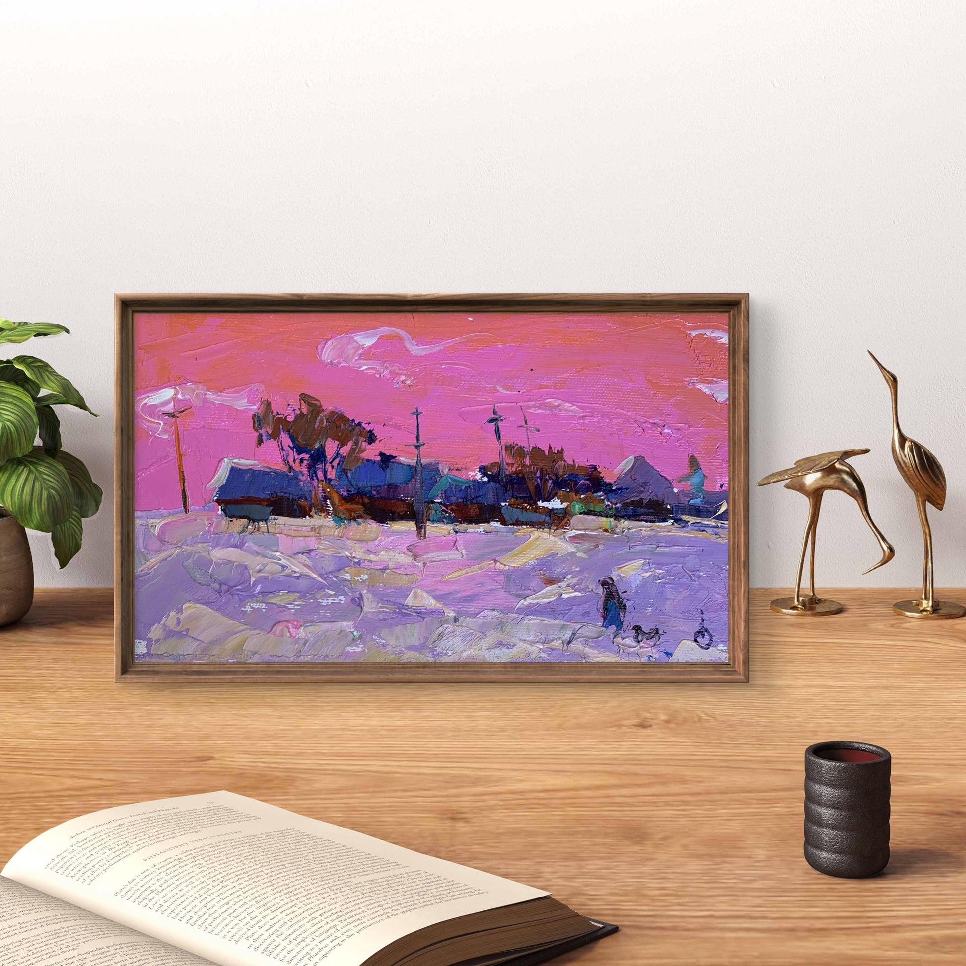 Oil painting It snowed in the evening by Oksana Ivanyuk in rustic frame