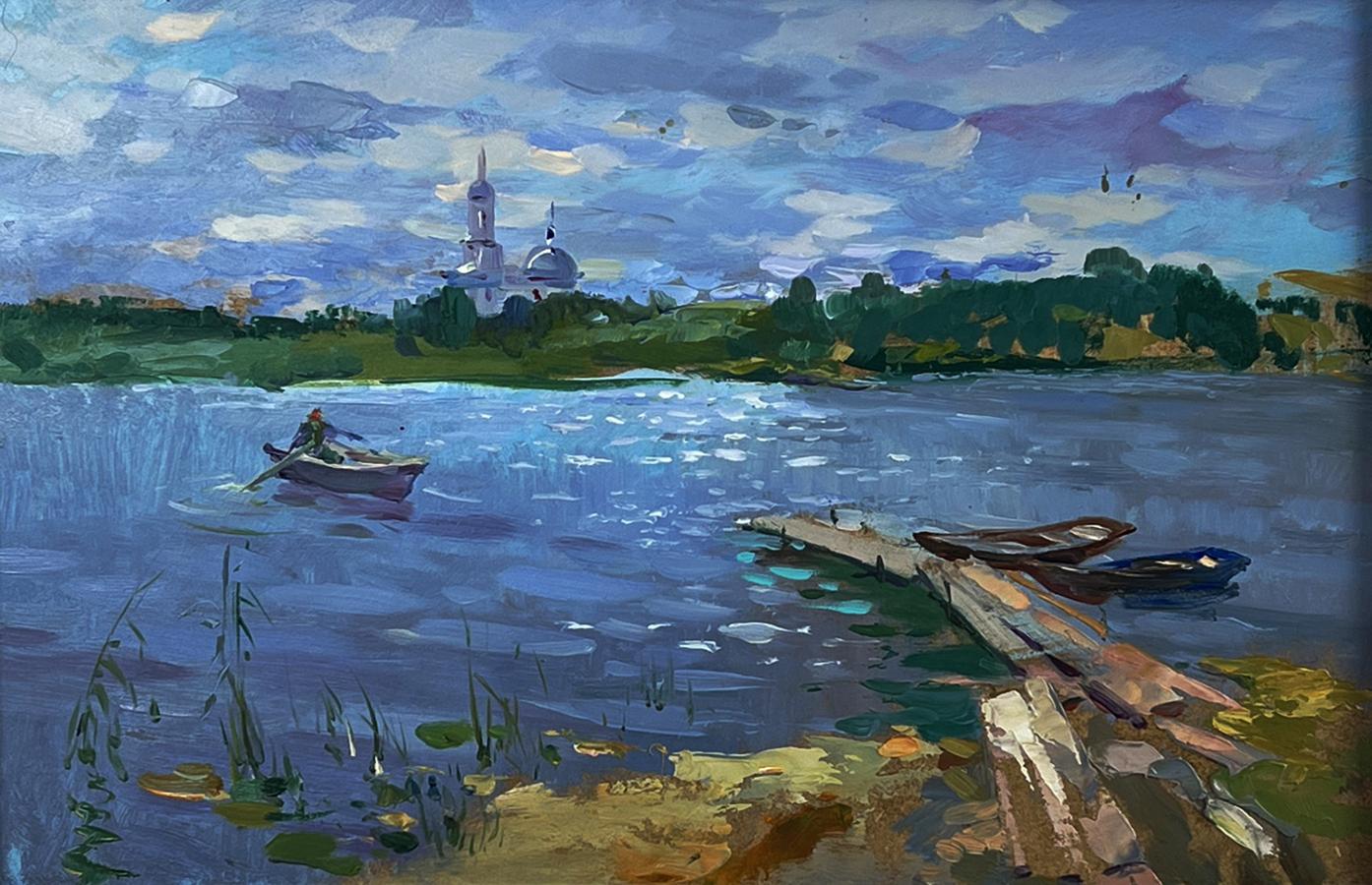 Serene impressionistic oil painting of summer fishing on river by Yuriy Suprunchuk