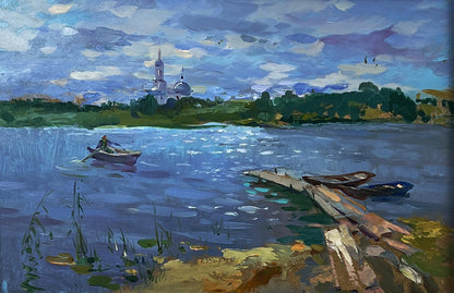 Serene impressionistic oil painting of summer fishing on river by Yuriy Suprunchuk