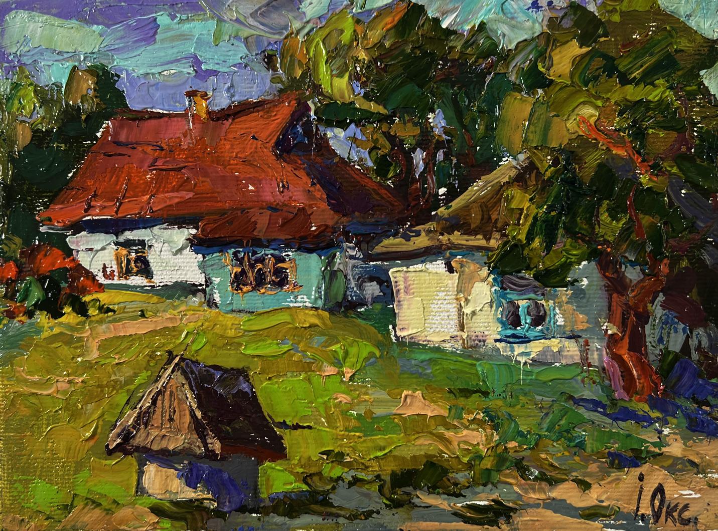 Oil painting Quiet village courtyard by Oksana Ivanyuk with rustic house