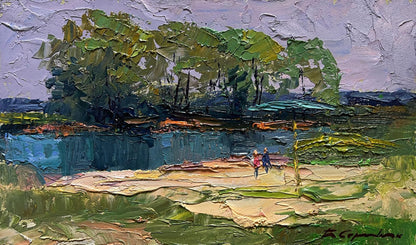 Oil painting On the golden shore by Boris Serdyuk lakeside scene