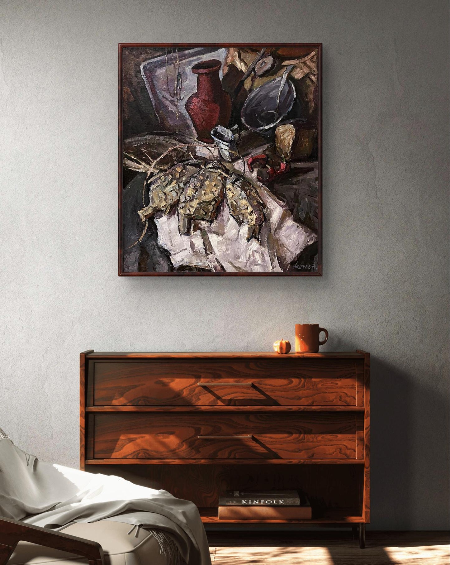 Oil painting Still life with dried fish by Oleksandr Andreev featuring red vase