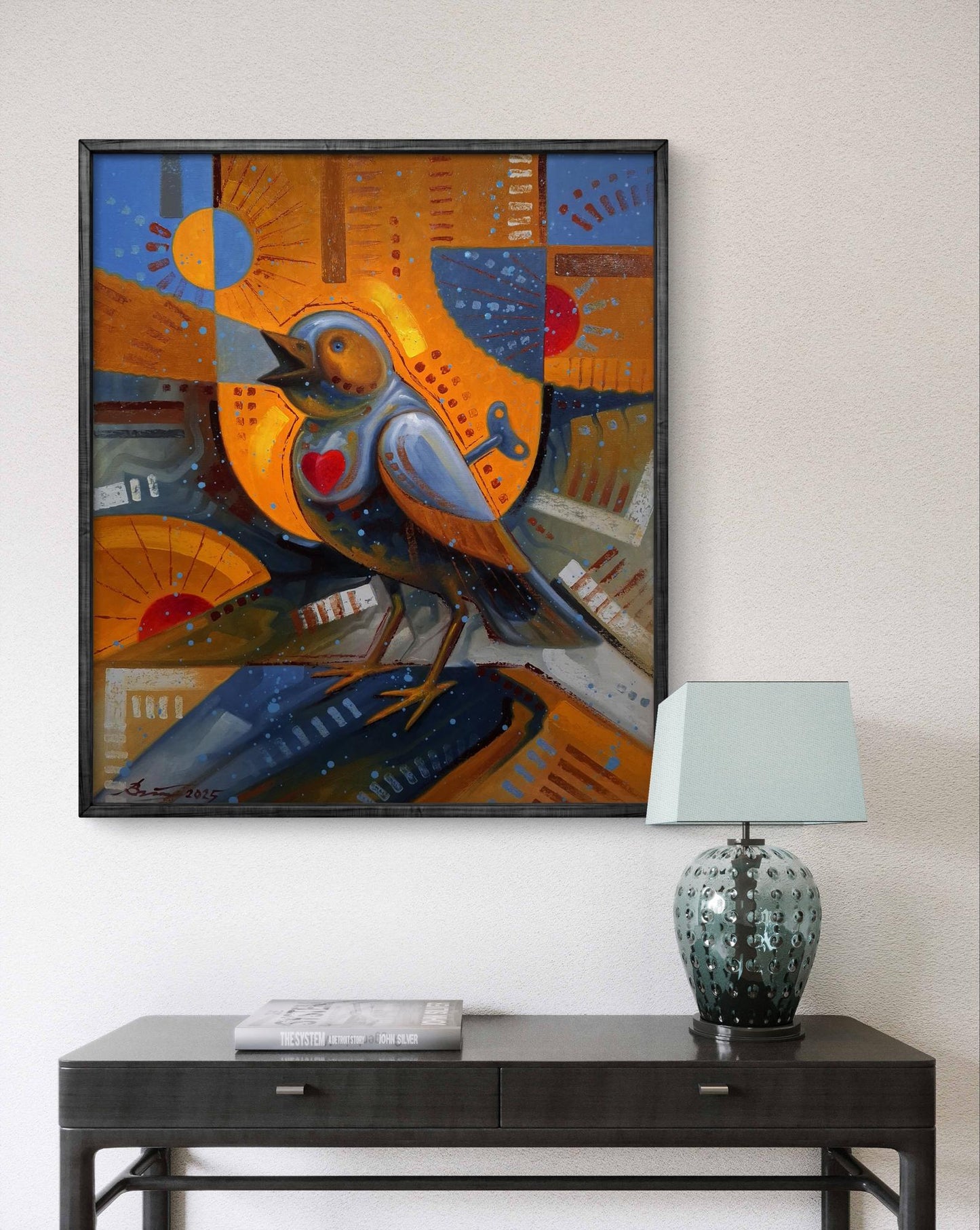 Vibrant oil painting The bird is singing by Sergiy Voichenko with stylized bird