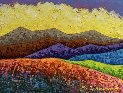 Vibrant textured oil painting of layered mountains by V. Zadorozhnya under golden sky