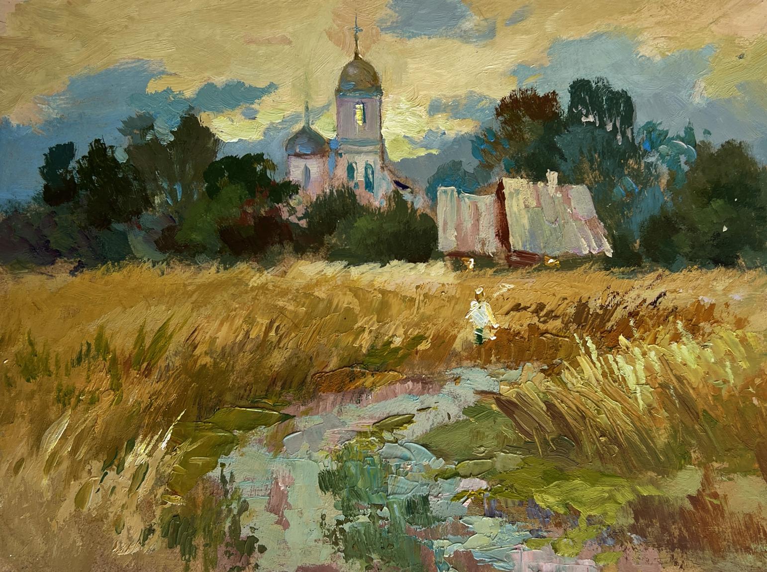 Oil painting Golden fields and sunset by Yuriy Suprunchuk with wheat field and church
