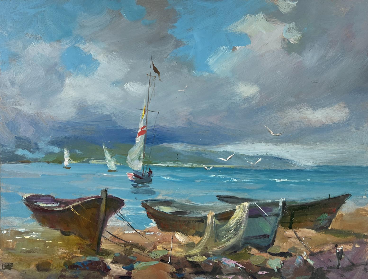 Oil painting of weathered rowboat on shore with sea waves by Yuriy Suprunchuk