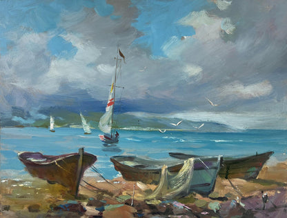 Oil painting of weathered rowboat on shore with sea waves by Yuriy Suprunchuk