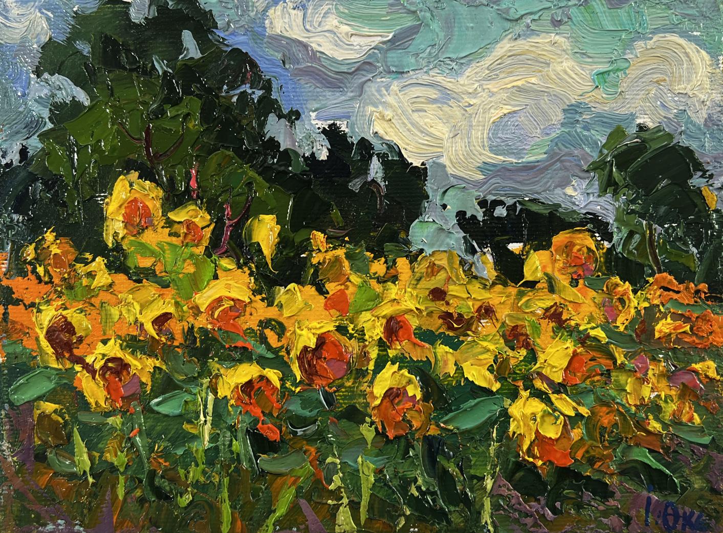 Vibrant yellow orange sunflowers field oil painting by Oksana Ivanyuk