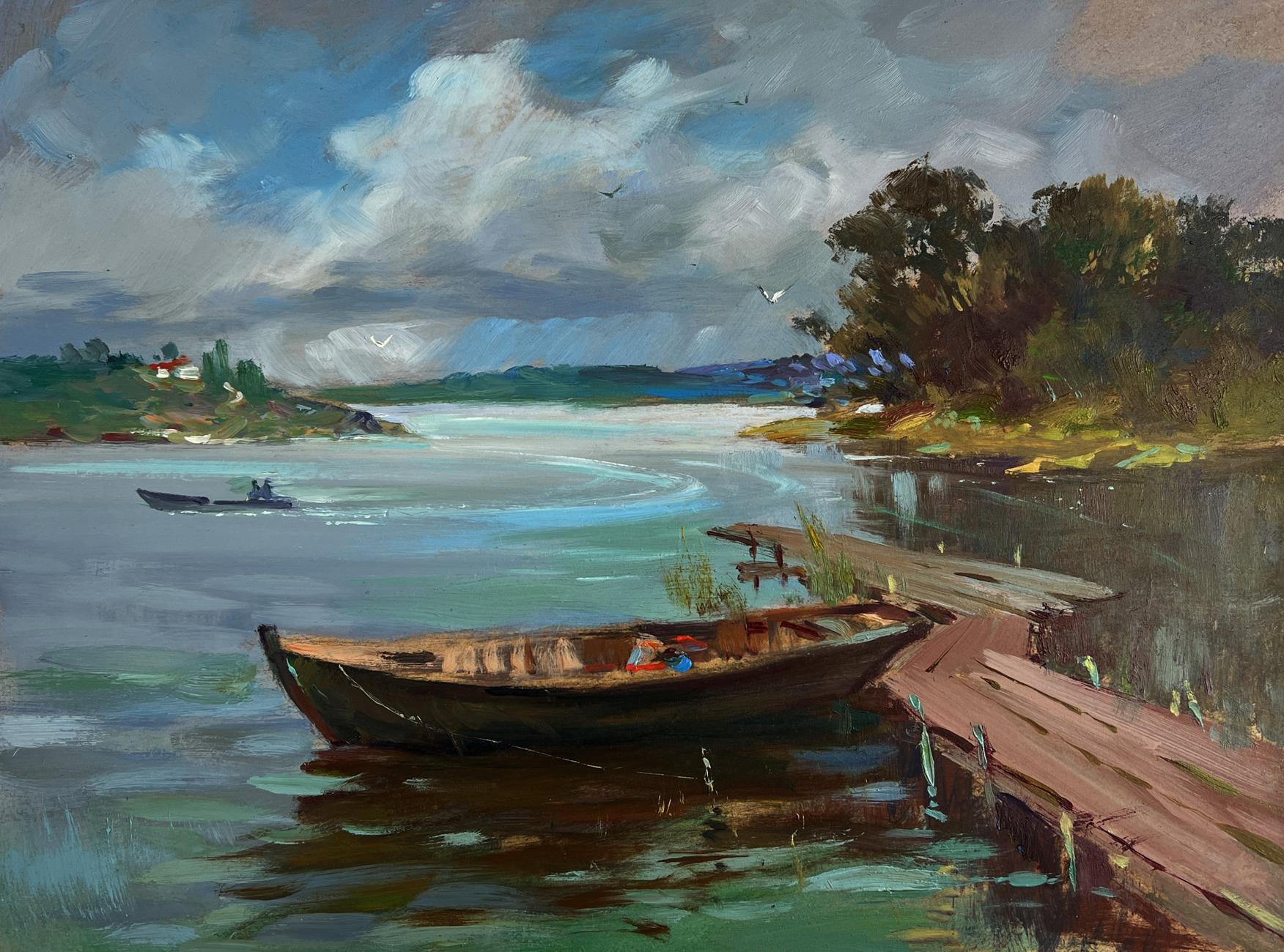 Oil painting of weathered rowboat on rustic dock by Yuriy Suprunchuk