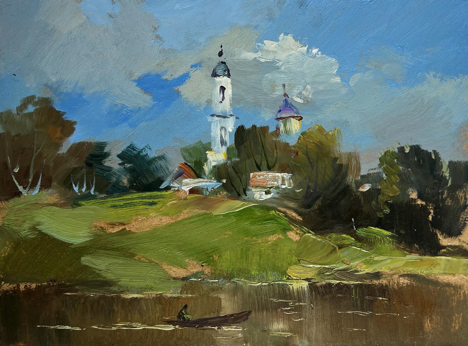 Serene oil painting of village church by Yuriy Suprunchuk