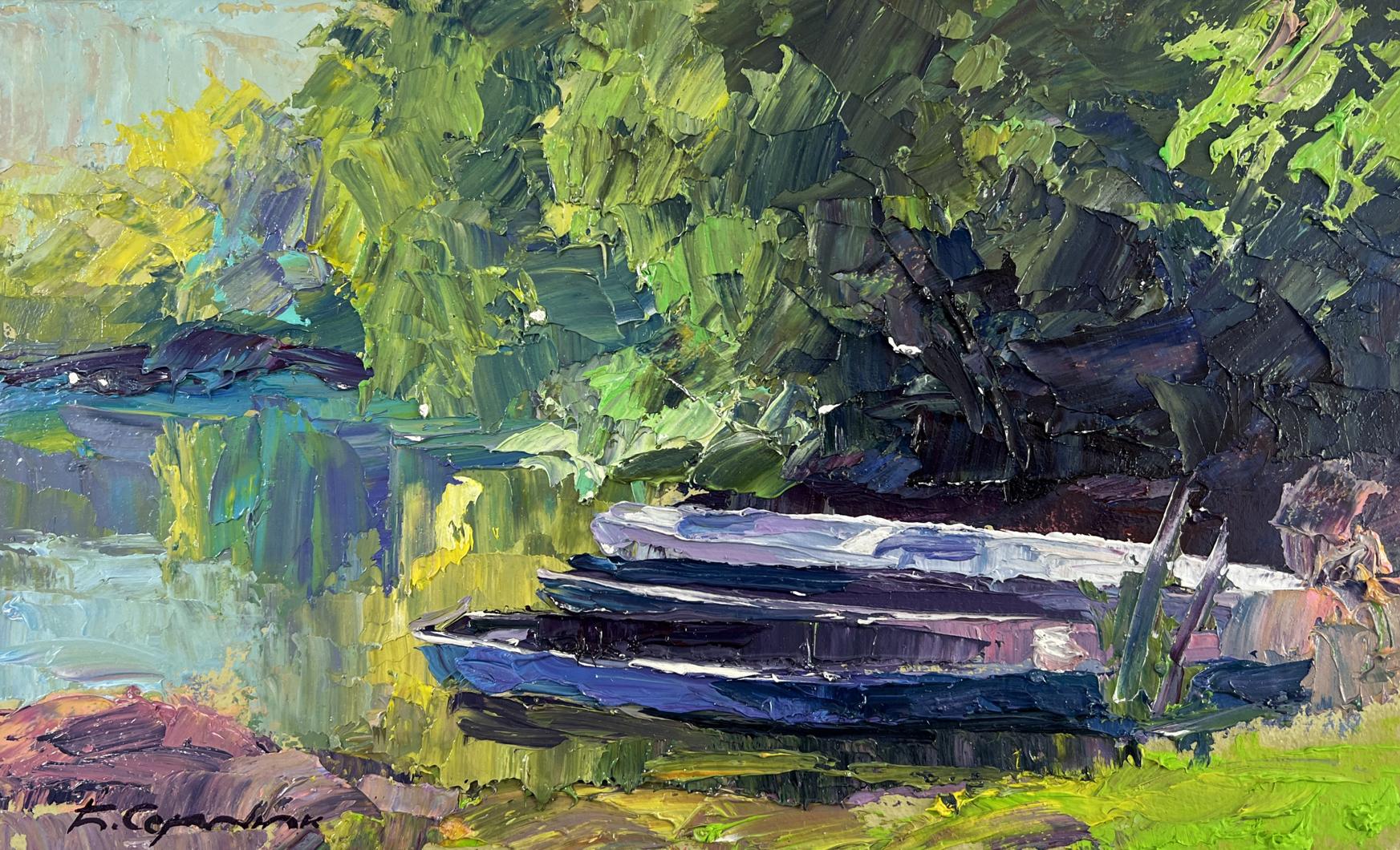 Oil painting The river and the forest by Boris Serdyuk with blue rowboats under trees