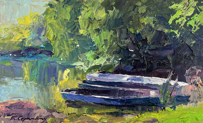 Oil painting The river and the forest by Boris Serdyuk with blue rowboats under trees