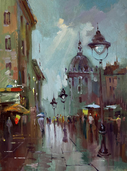 Vintage streetlamp in Yuriy Suprunchuk city life oil painting