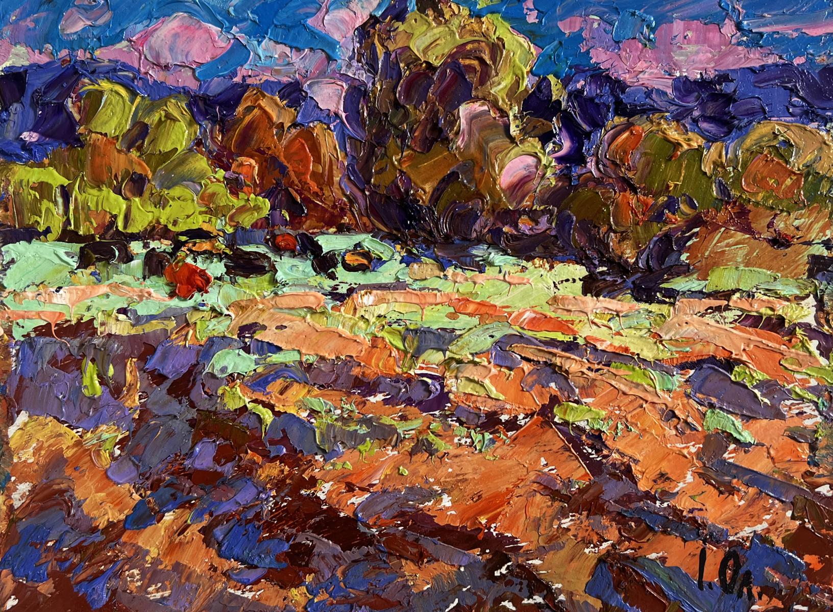 Vibrant impressionist oil painting Autumn evening meadows by Oleksiy Ivanyuk