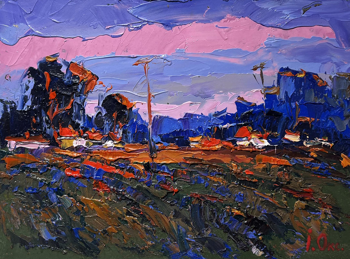 Vibrant impressionist pink sunset oil painting by Oksana Ivanyuk