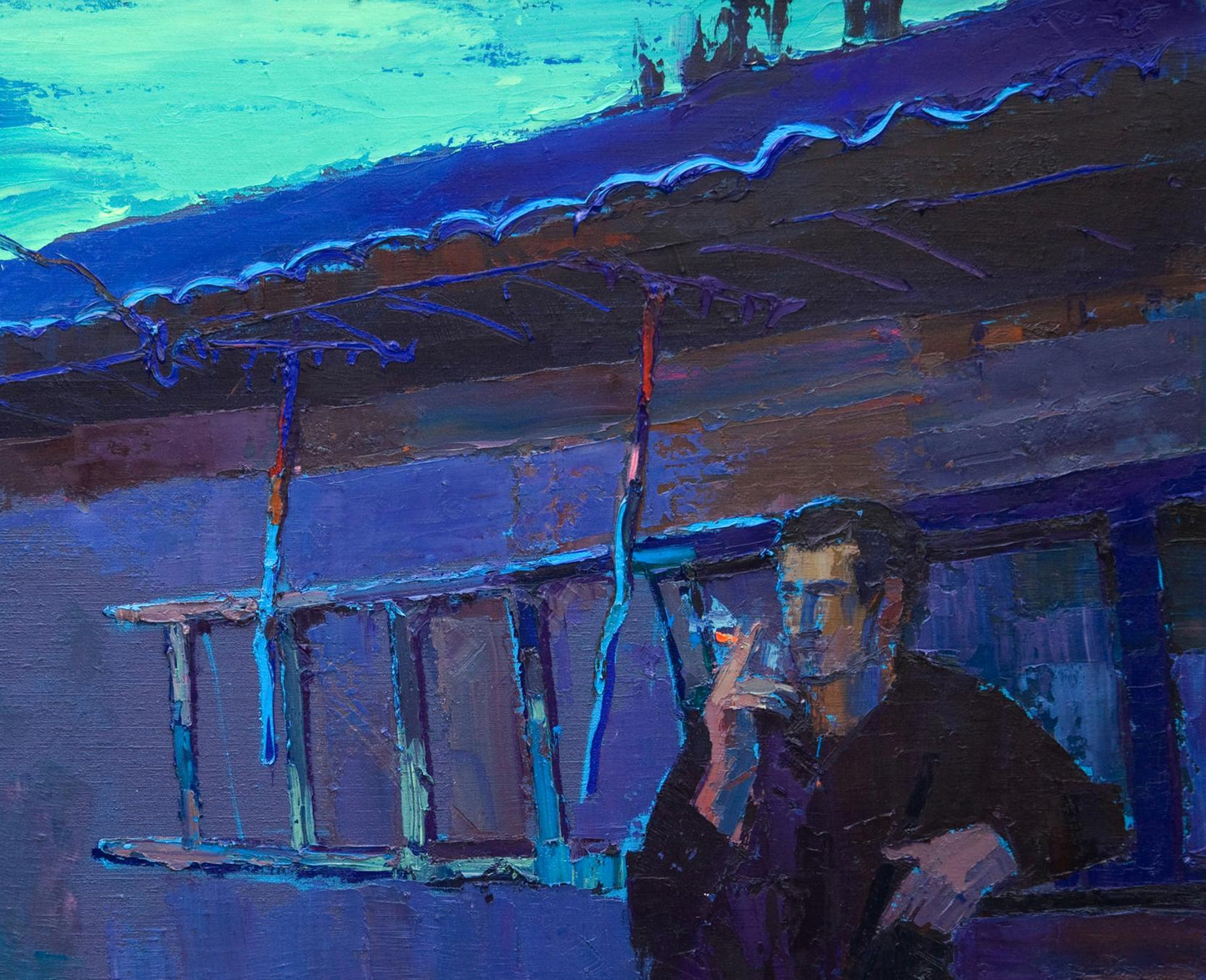 Man in dark coat under blue roof holding object, Evening at Home by Natalia Korf-Ivaniuk oil painting
