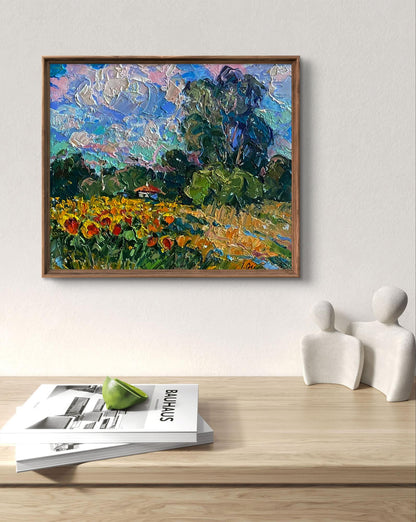Oleksiy Ivanyuk oil painting of vibrant sunflower field in wooden frame
