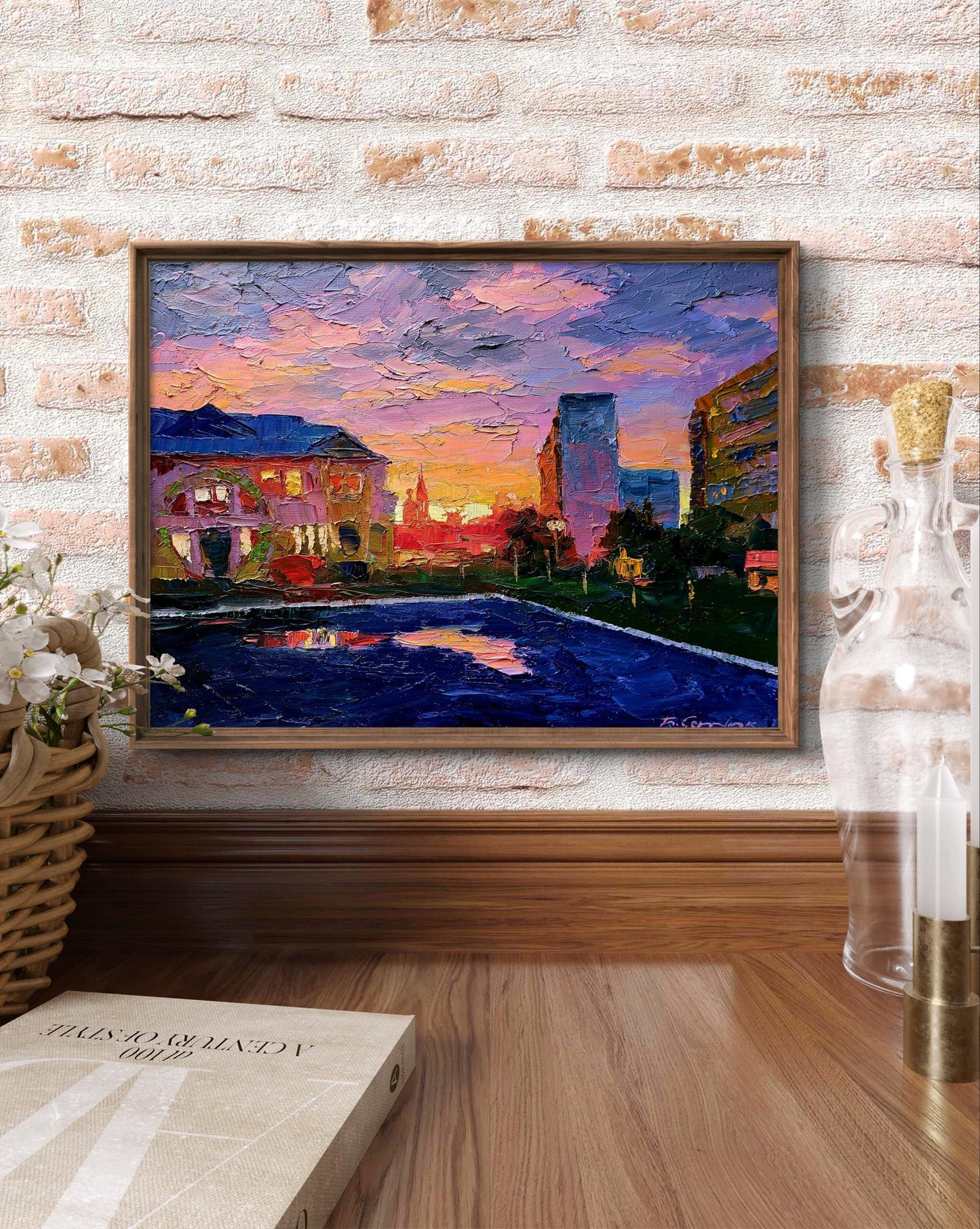 Oil painting of city orange sunset by Boris Serdyuk in wooden frame