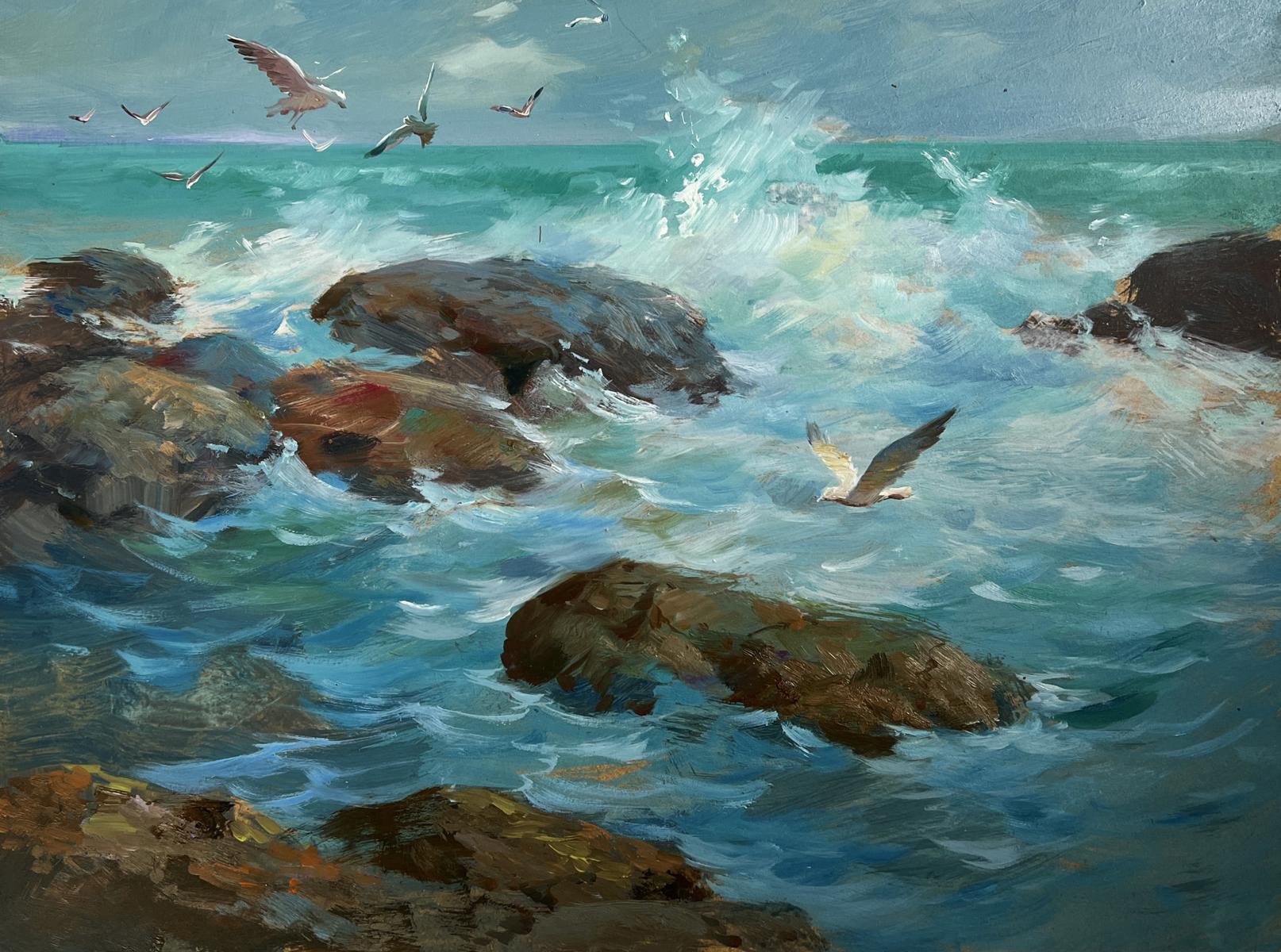 Oil painting Song of the waves and wind by Yuriy Suprunchuk: dynamic ocean waves crashing on rugged rocks under cloudy sky