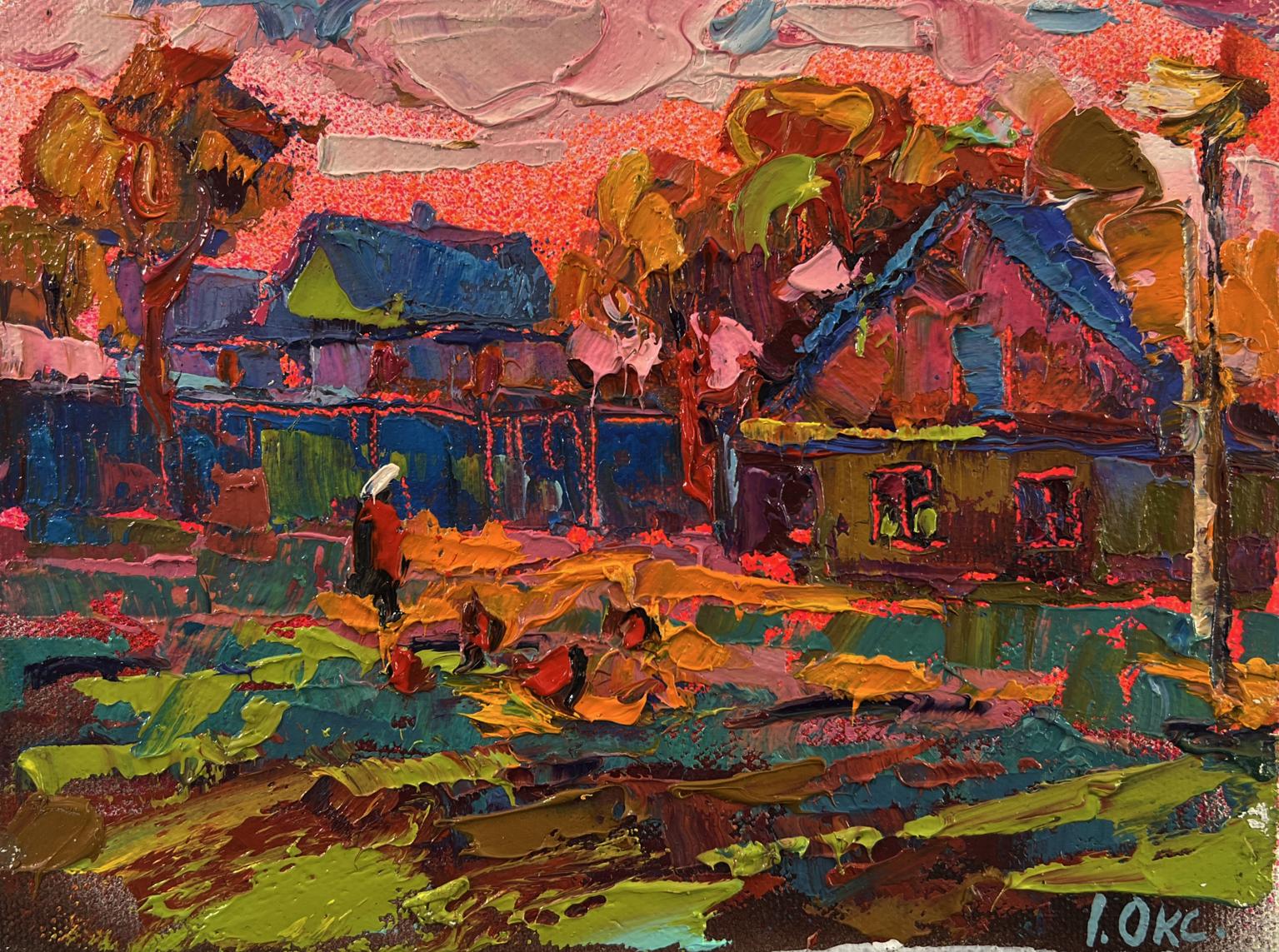 Vibrant impressionist oil painting Pink village evening by Oksana Ivanyuk