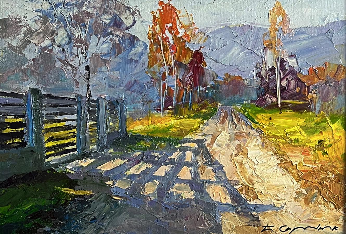 Oil painting Cold autumn wind by Boris Serdyuk: sunlit rural path