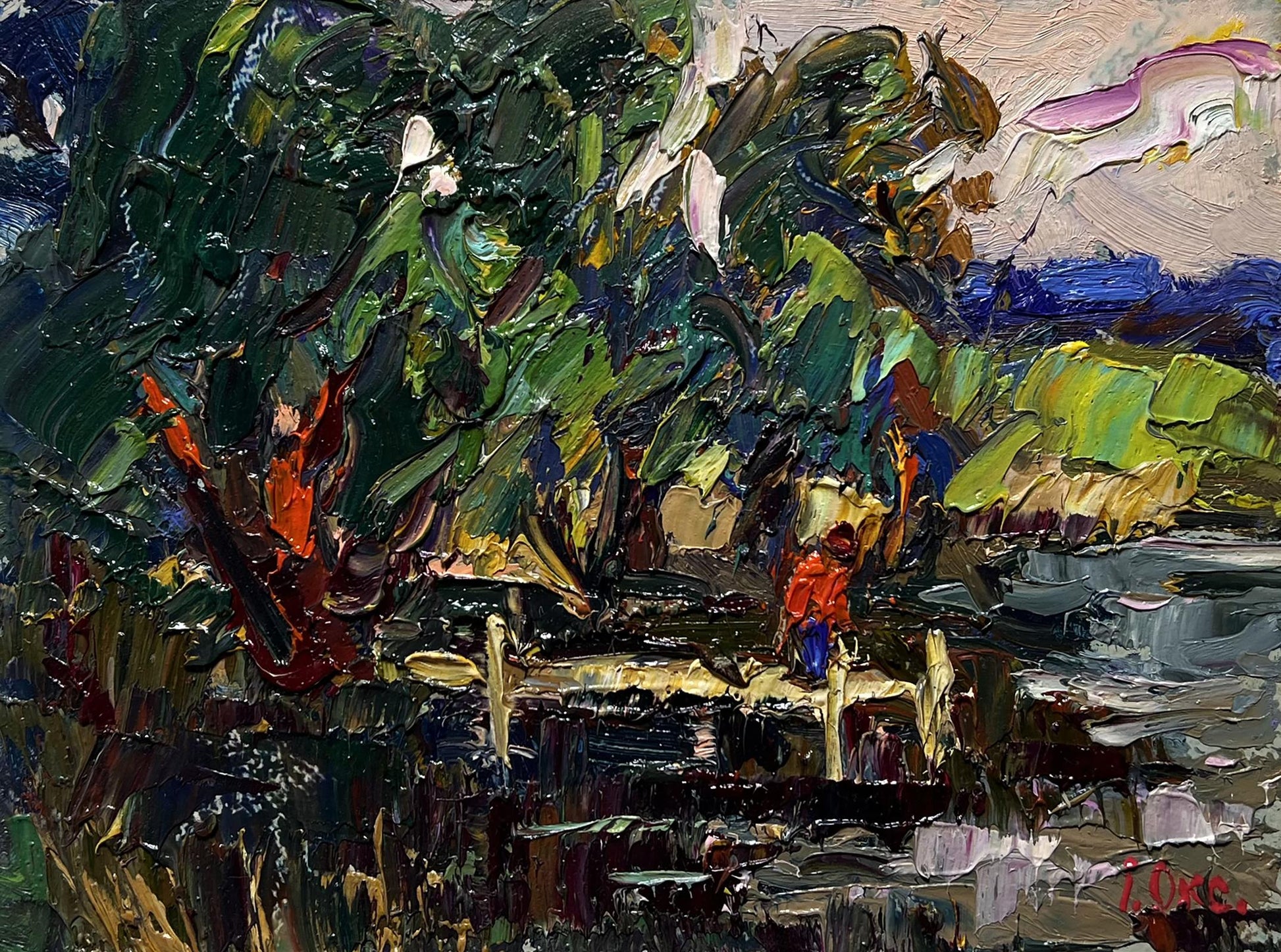 Oil painting Willows by the River by Oksana Ivanyuk with green foliage and red figure