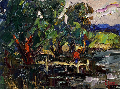 Oil painting Willows by the River by Oksana Ivanyuk with green foliage and red figure