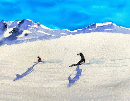Watercolor painting Skiing Down the Winter Mountains Olena Klimenko
