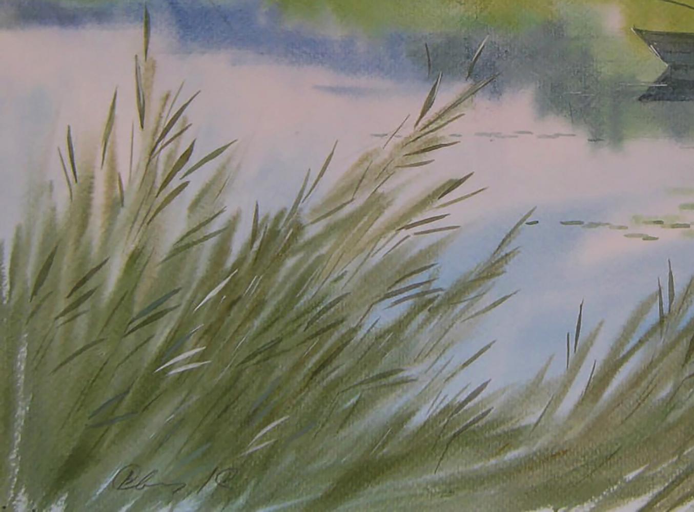 Watercolor painting of early morning fishing among swaying reeds by Valery Savenets