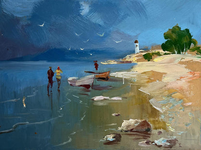 Oil painting Warm days at sea by Yuriy Suprunchuk serene coastal lighthouse scene