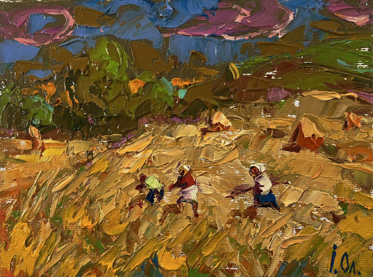 Vibrant impressionist oil painting of hay harvesting in sunlit field by Oleksiy Ivanyuk