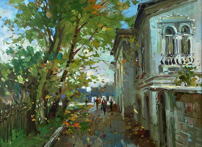 Oil painting by Yuriy Suprunchuk: sunlit city alley with trees and ornate balconies