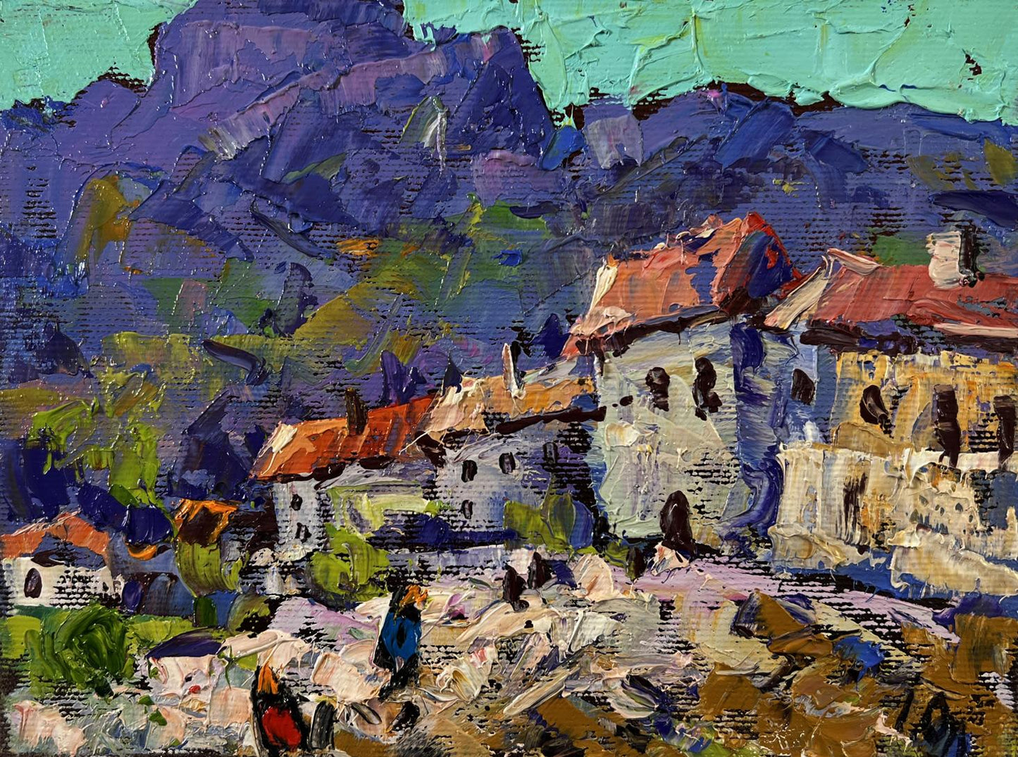 Vibrant oil painting Blue mountains by Oleksiy Ivanyuk, impressionist village scene