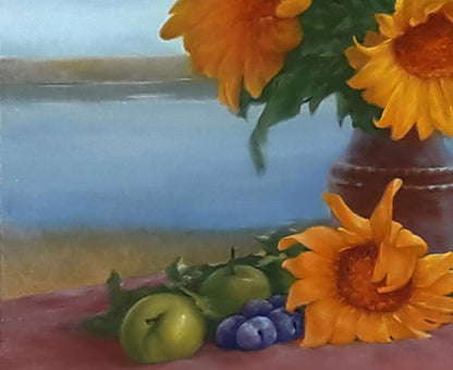 Oil painting of Vasily Korkishko bouquet with vibrant yellow sunflowers
