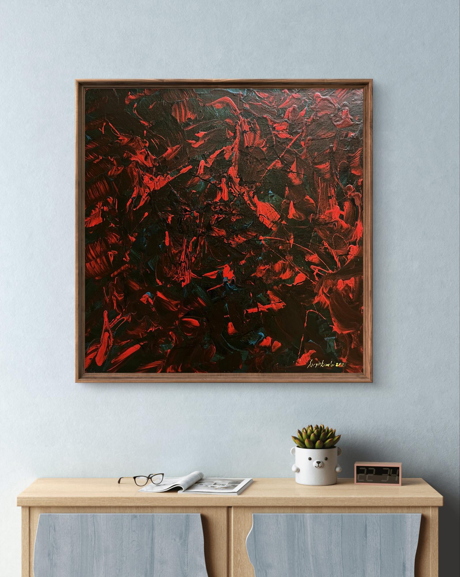 Oil painting Search for Truth by Serhiy Kovalev, vibrant red and green abstract in wood frame