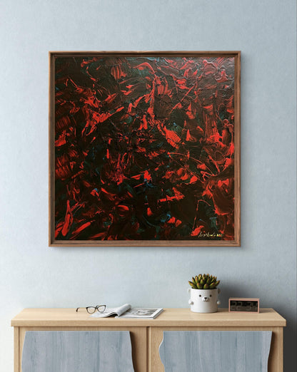 Oil painting Search for Truth by Serhiy Kovalev, vibrant red and green abstract in wood frame