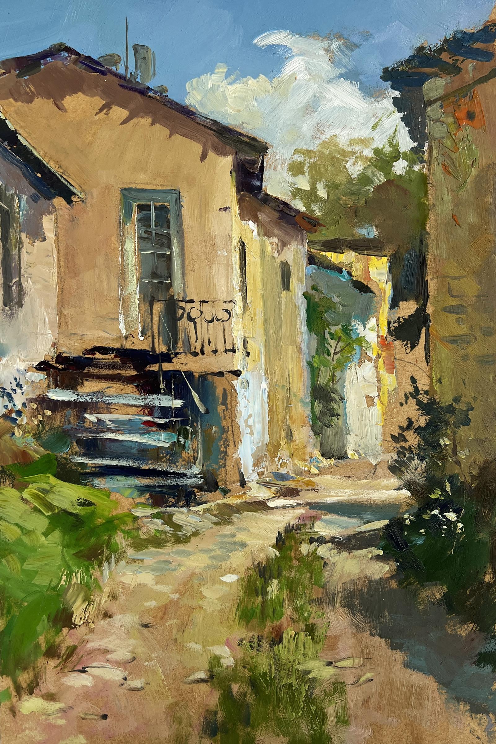 Oil painting of sunlit summer courtyard alley by Yuriy Suprunchuk