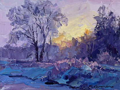 Textured impressionist twilight landscape oil painting by Boris Serdyuk