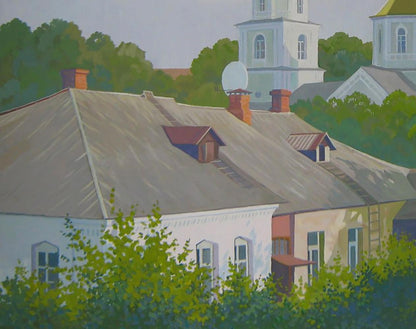 Acrylic painting of gray sloped church roof with red brick chimneys by Valery Savenets