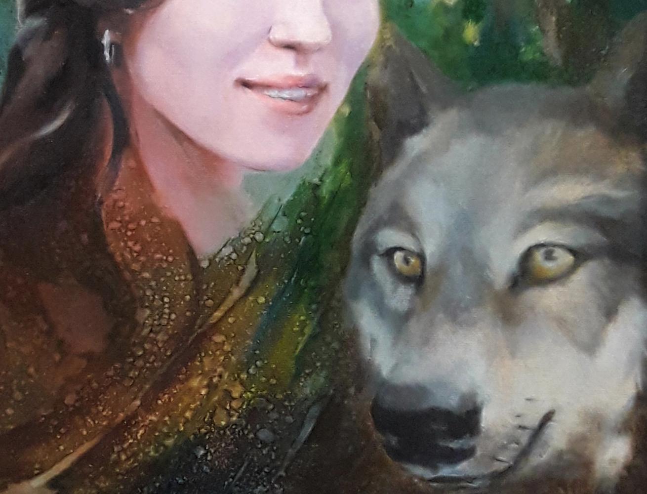 Oil painting portrait of woman with dark hair and wolf by Vasily Korkishko