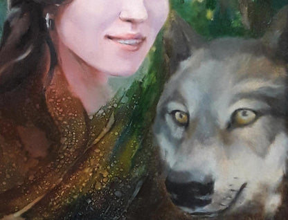Oil painting portrait of woman with dark hair and wolf by Vasily Korkishko