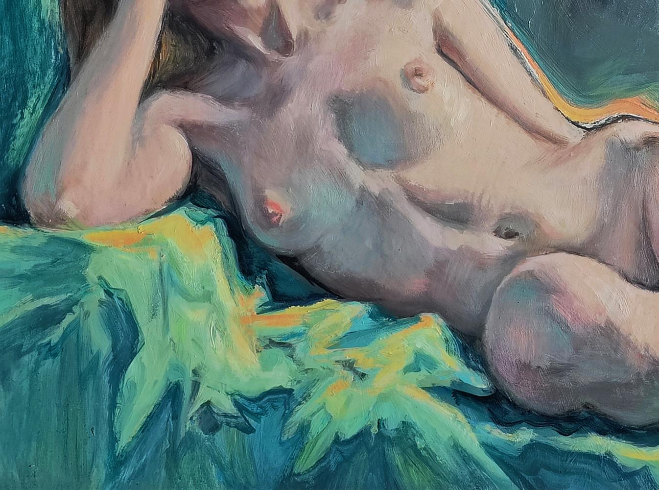Oil painting portrait of dreamy female figure Oksana Osnach on teal yellow fabric