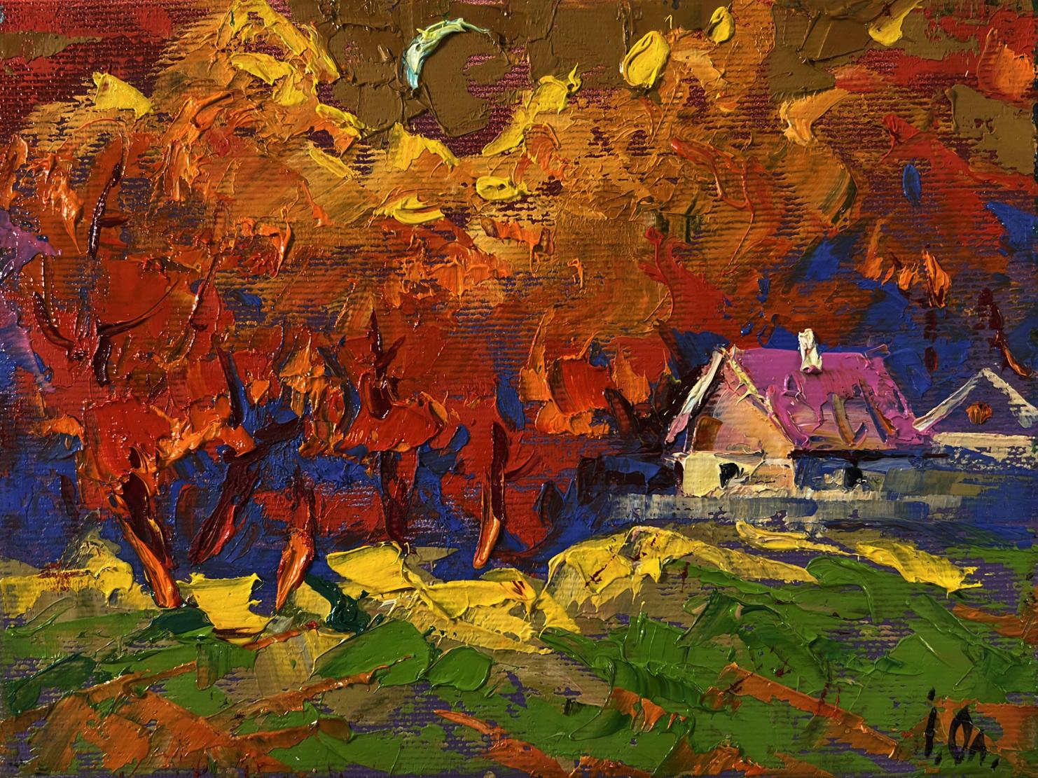 Vibrant Oleksiy Ivanyuk oil painting of moonlit autumn trees and house