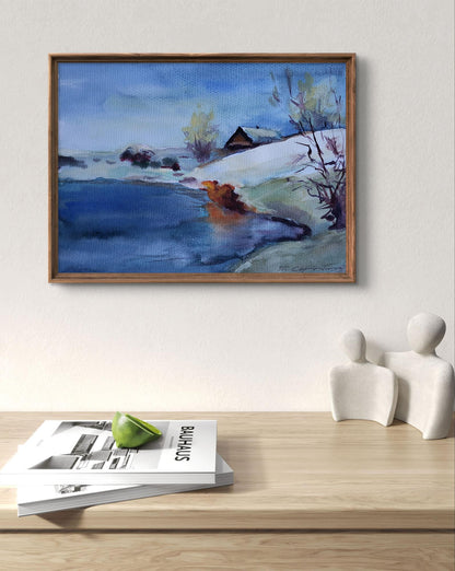 Watercolor snowy landscape painting by Boris Serdyuk in wooden frame