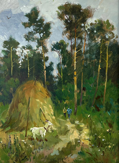 Oil painting of golden hay stack in sunlit forest by Yuriy Suprunchuk
