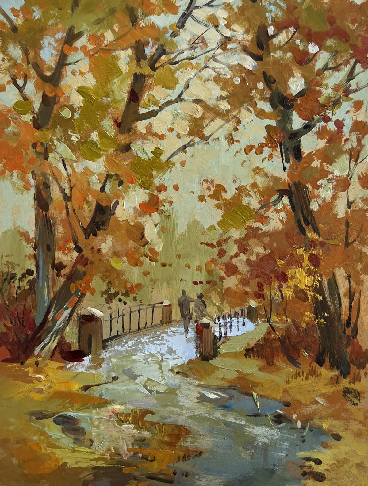 Oil painting by Yuriy Suprunchuk: autumn trees frame stream under bridge